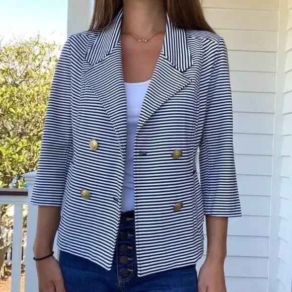 Cabi Size Small Blue Striped Double Breasted Blazer Jacket, Style #823 - Picture 1 of 9